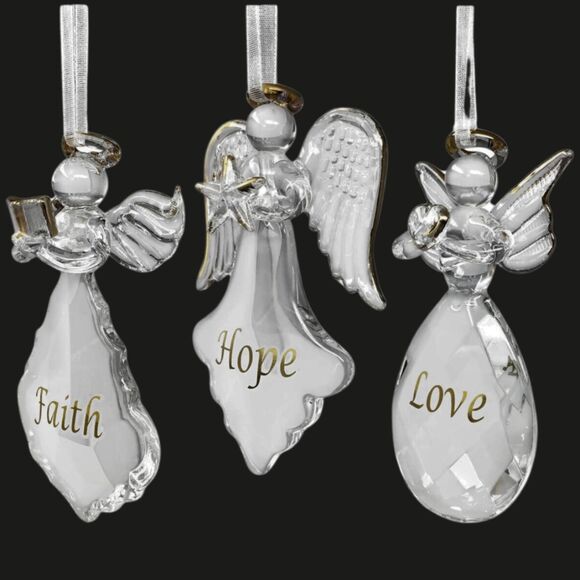 Set of 3 Glass Angel Ornaments with Gold Script Font & Trim: Faith Hope Love - Picture 1 of 5